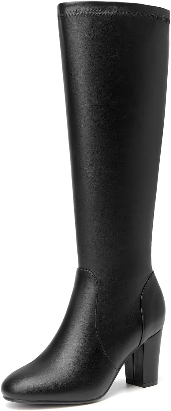 SelenePair Women's Knee High Boots Chunky Block Heel Round Toe Side Zipper Fashion Dress Winter Shoes