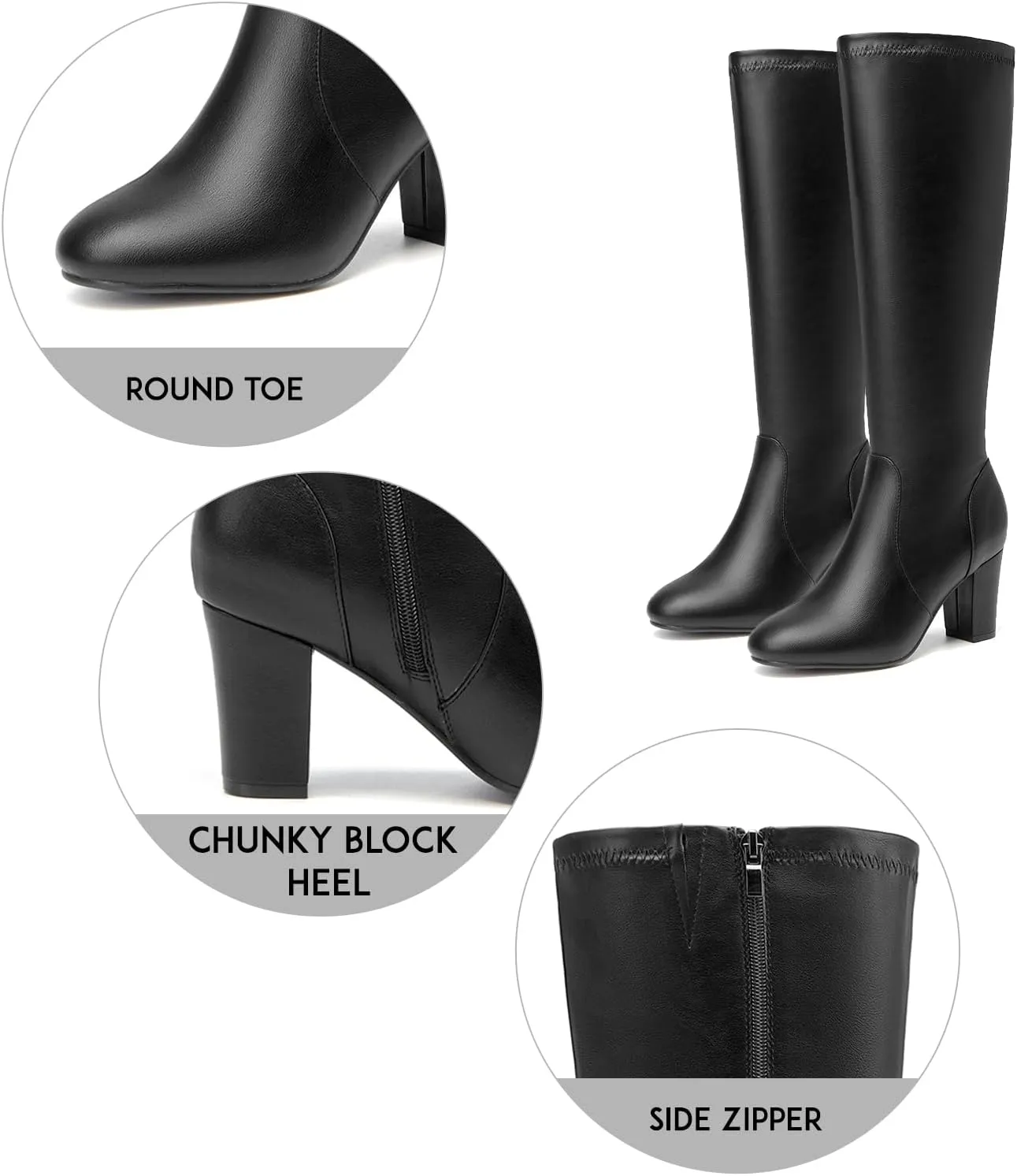 SelenePair Women's Knee High Boots Chunky Block Heel Round Toe Side Zipper Fashion Dress Winter Shoes