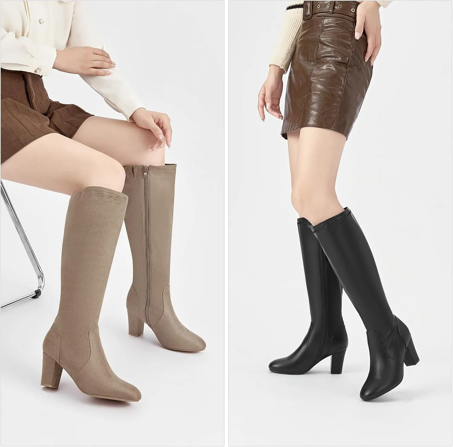 SelenePair Women's Knee High Boots Chunky Block Heel Round Toe Side Zipper Fashion Dress Winter Shoes