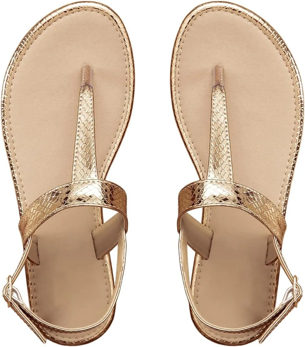 SHENHE Women's Flat Thong Sandals T Strap Adjustable Ankle Buckle Summer Sandals
