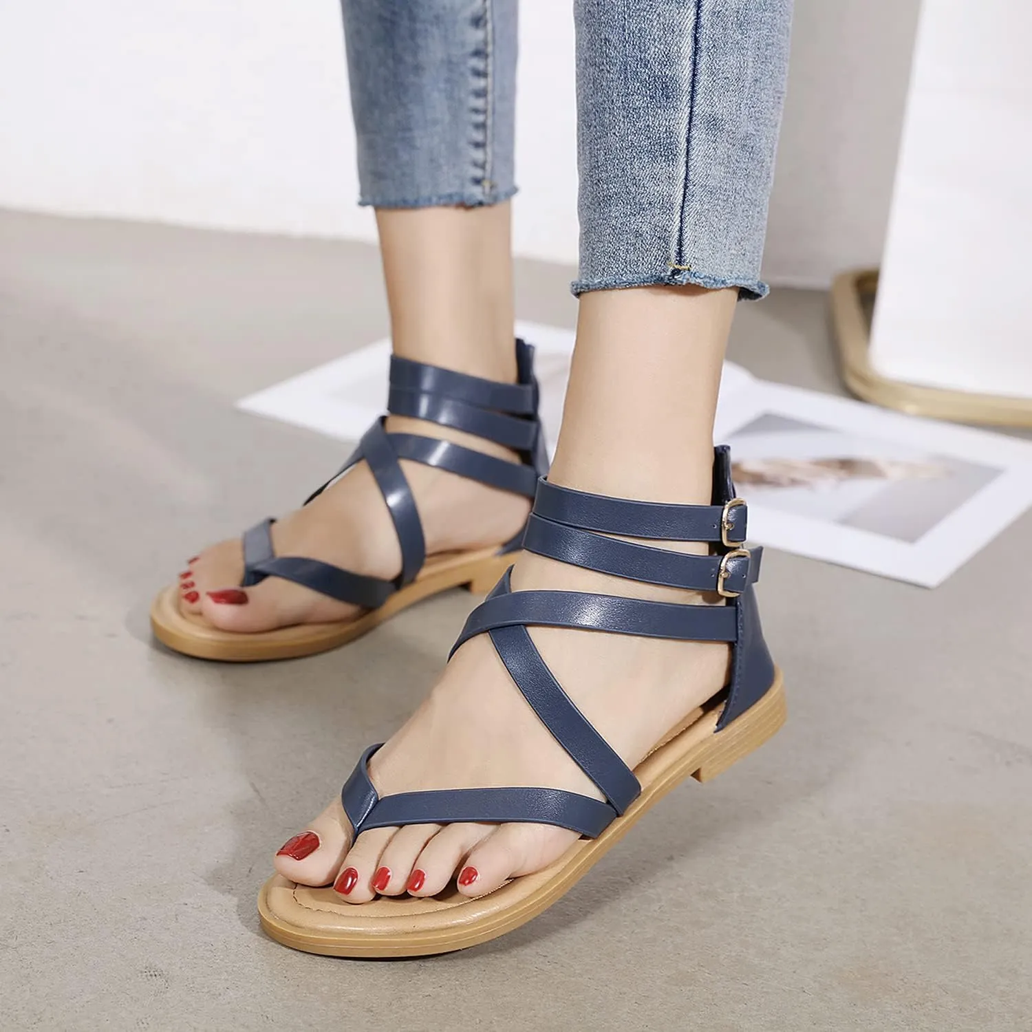 SHIBEVER Gladiator Strappy Sandals for Women: Dressy Summer Comfortable Flat, Back Zipper Roman Comfy Womens Sandals