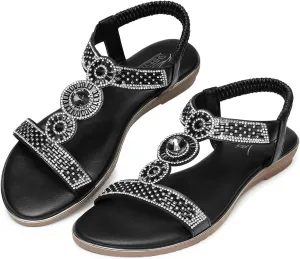 SHIBEVER Sandals Women Dressy Summer: Comfortable Rhinestones Bling Flats Ankle Strap Sandals