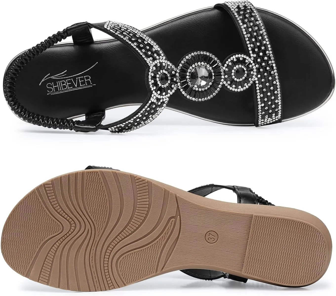 SHIBEVER Sandals Women Dressy Summer: Comfortable Rhinestones Bling Flats Ankle Strap Sandals