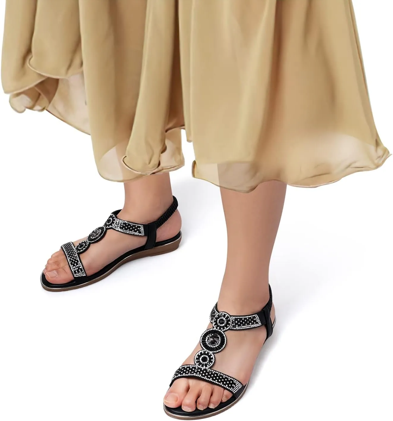 SHIBEVER Sandals Women Dressy Summer: Comfortable Rhinestones Bling Flats Ankle Strap Sandals
