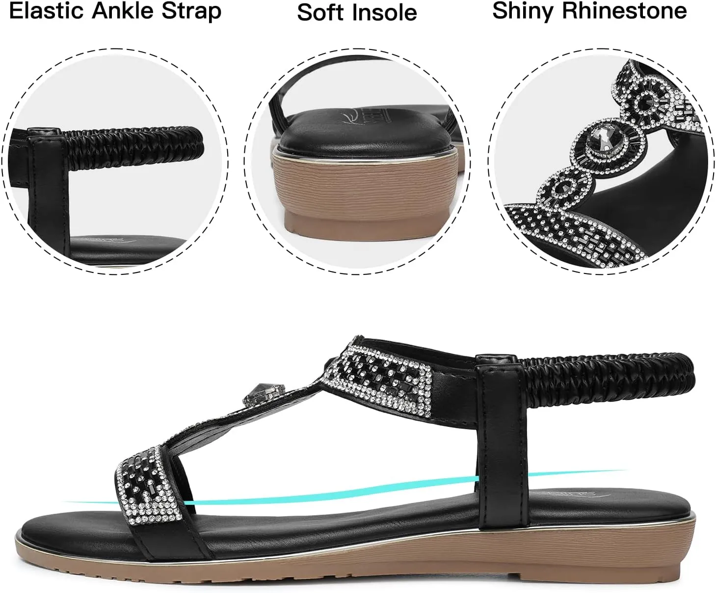 SHIBEVER Sandals Women Dressy Summer: Comfortable Rhinestones Bling Flats Ankle Strap Sandals