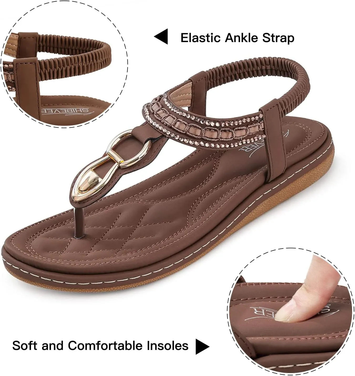 SHIBEVER Womens Sandals Dressy Summer: Women Comfortable Walking Flat Bohemian T-Strap Ladies Casual Comfy Sandals