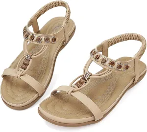 SHIBEVER Womens Sandals Summer Bohemian Flat Sandals Shoes with Elastic Strap Dressy Sandal
