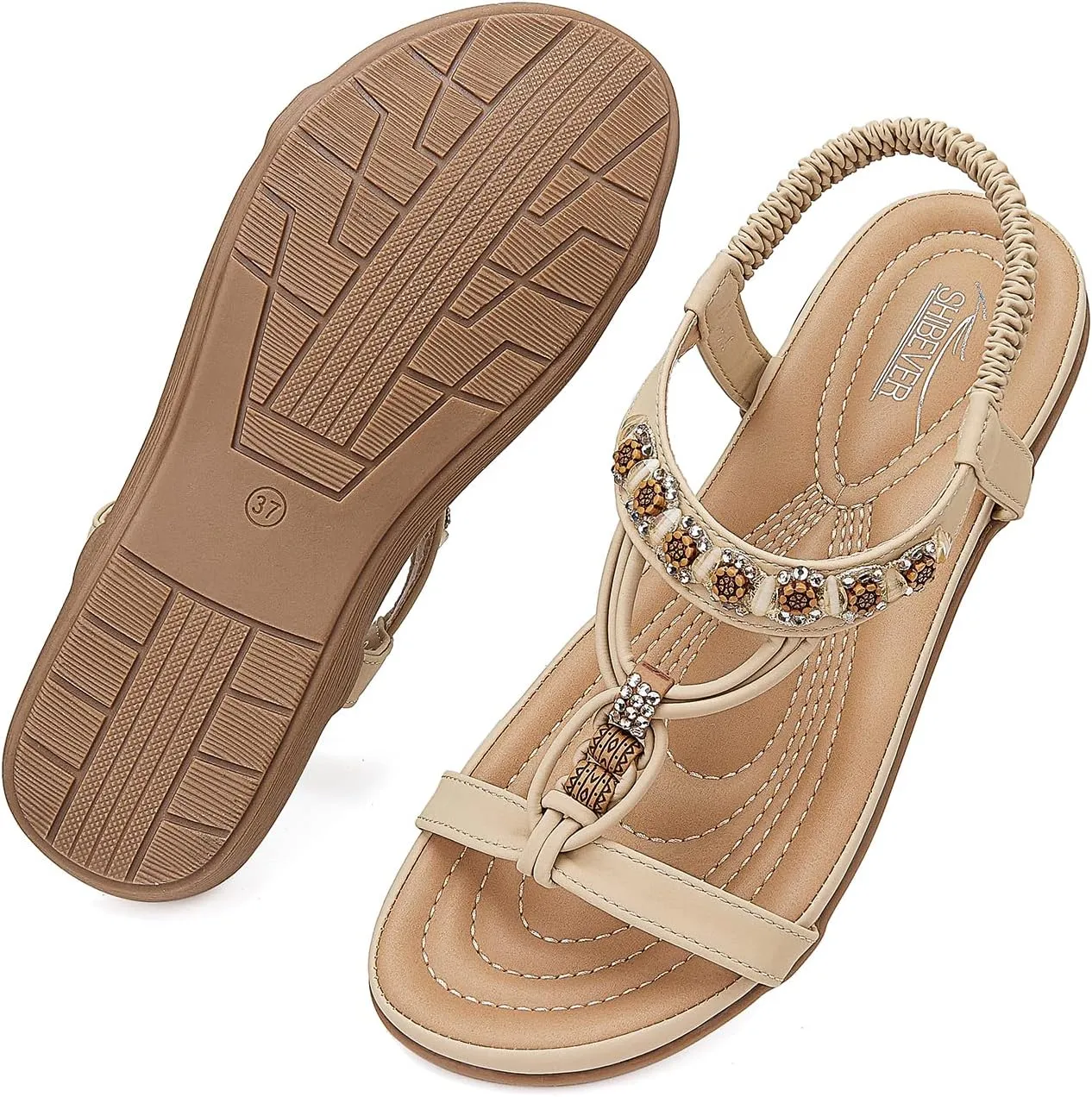 SHIBEVER Womens Sandals Summer Bohemian Flat Sandals Shoes with Elastic Strap Dressy Sandal