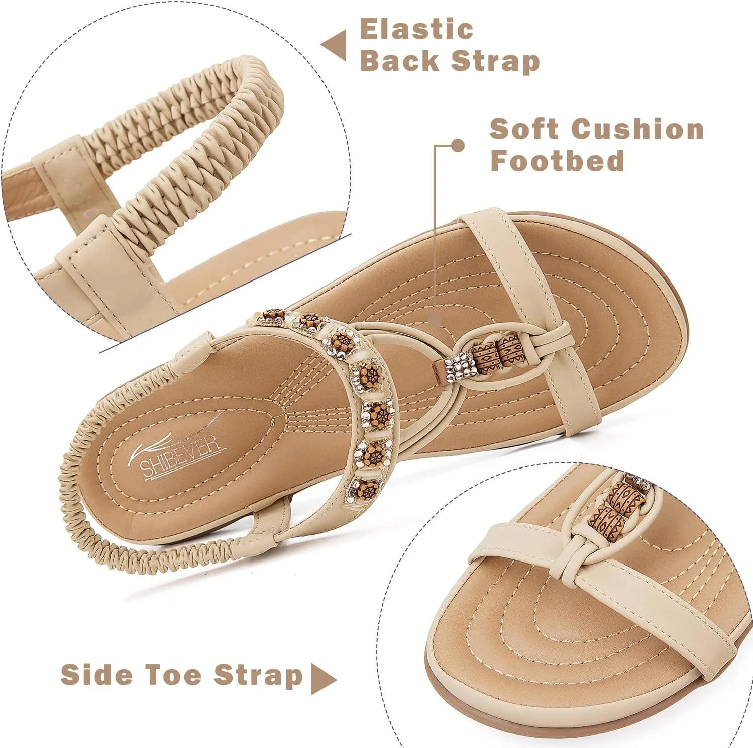 SHIBEVER Womens Sandals Summer Bohemian Flat Sandals Shoes with Elastic Strap Dressy Sandal