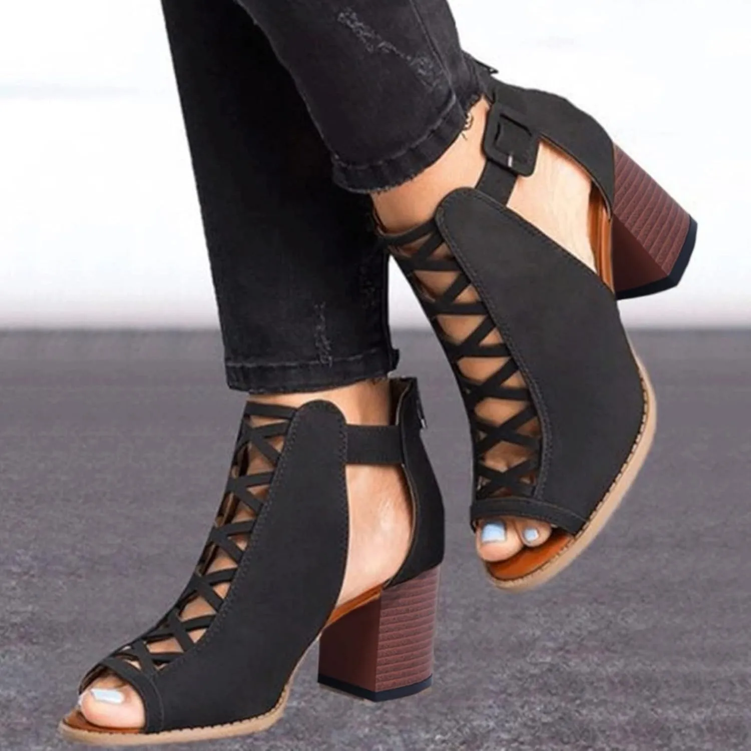 Shoes for Women Dressy, Womens Sandals Suede Peep Toe Ankle Booties Cut Out Stacked Block Heel Ankle Boots