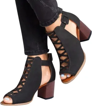 Shoes for Women Dressy, Womens Sandals Suede Peep Toe Ankle Booties Cut Out Stacked Block Heel Ankle Boots