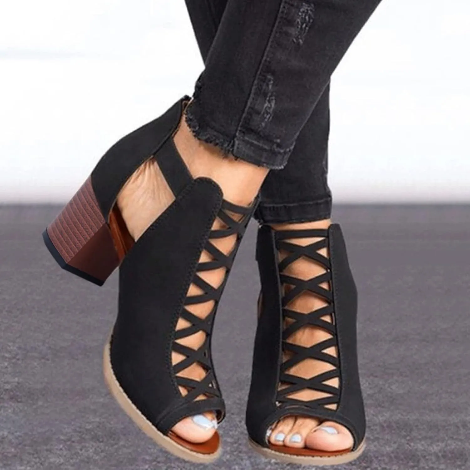 Shoes for Women Dressy, Womens Sandals Suede Peep Toe Ankle Booties Cut Out Stacked Block Heel Ankle Boots