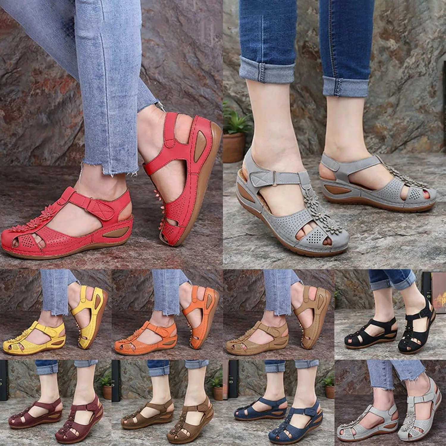 Slide Sandals Women Comfortable Closed Toe Wedge Sandals Orthotic Hollow Out Slingback Non Slip Yoga Mat Shoes Flower Design Summer Beach Shoes with Adjustable Ankle Strap
