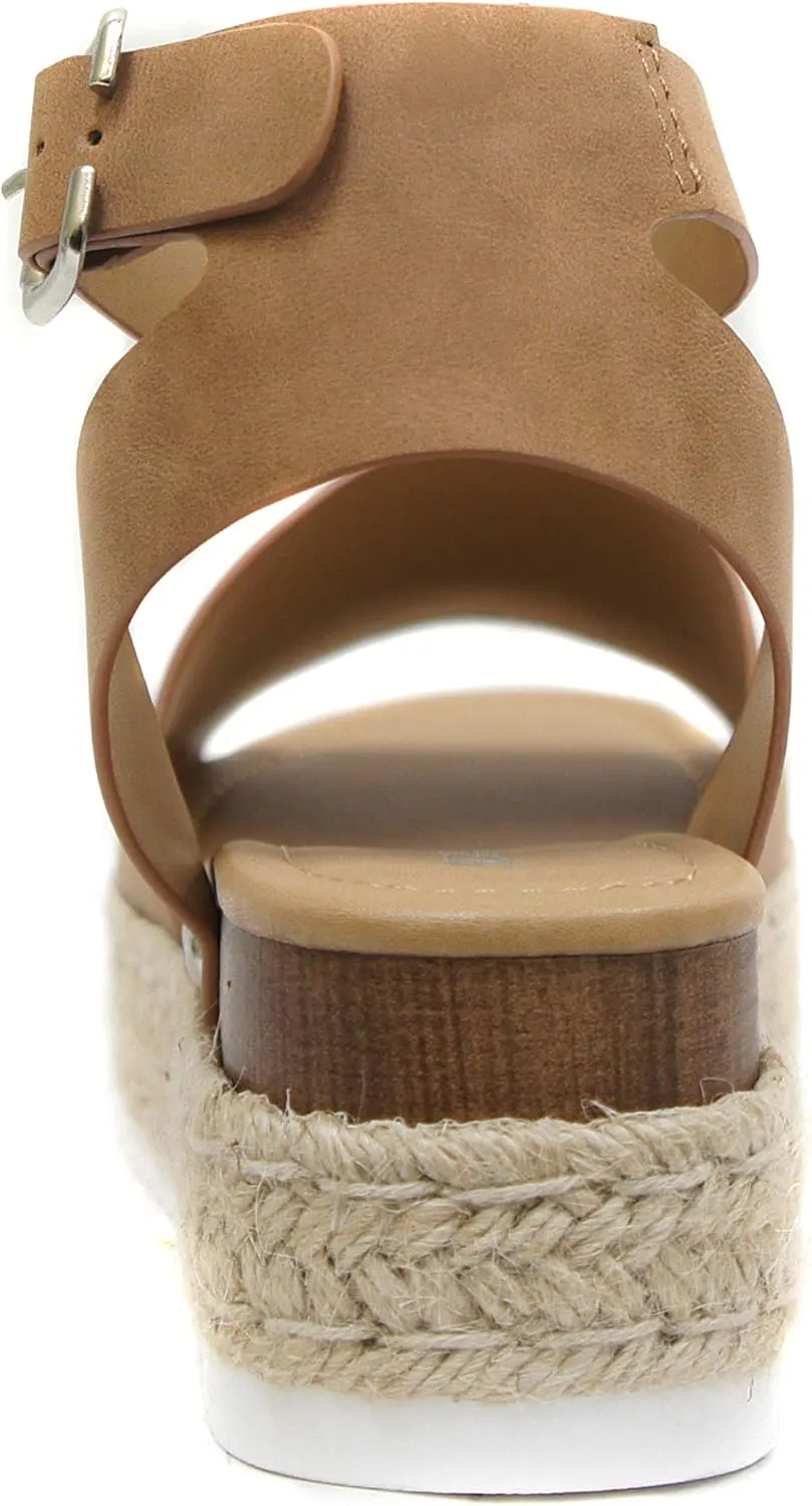 Soda Topic Open Toe Buckle Ankle Strap Espadrilles Flatform Wedge Casual Sandal