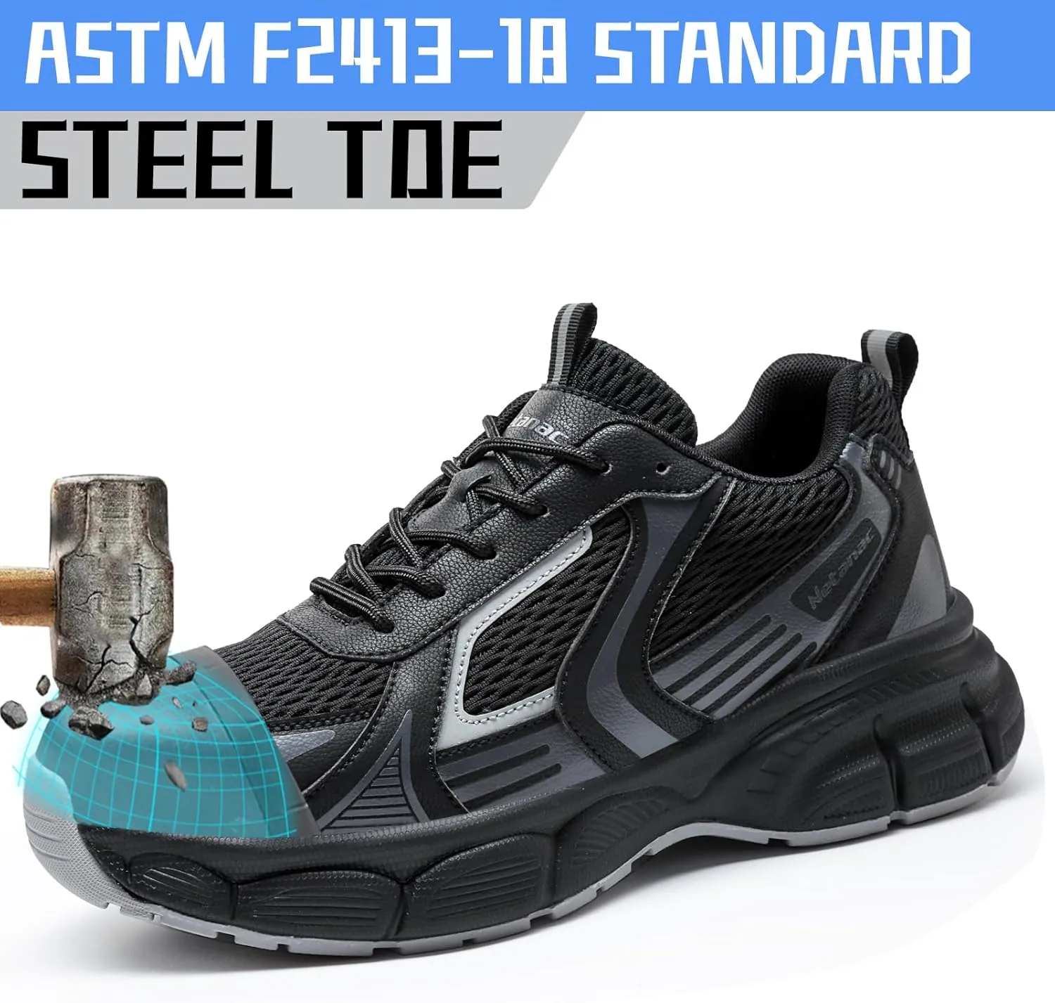 Steel Toe Shoes for Men Women, Comfortable Breathable Safety Sneakers, Lightweight Wide Work Shoes with Durable Soft Sole