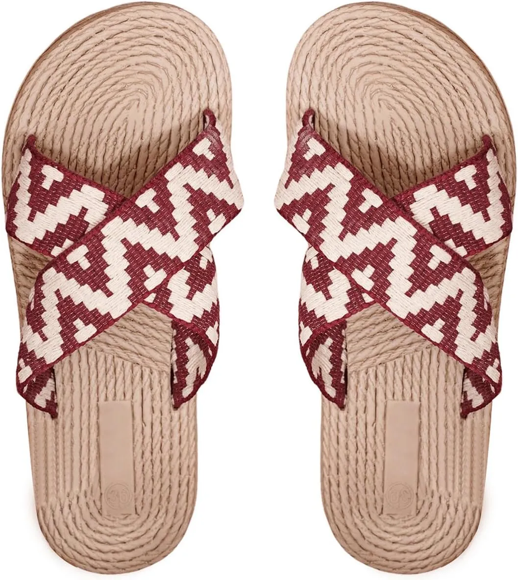 SweatyRocks Women's Criss Cross Strappy Flat Sandals Open Toe Geo Pattern Straw Slip on Slides