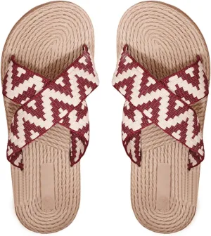 SweatyRocks Women's Criss Cross Strappy Flat Sandals Open Toe Geo Pattern Straw Slip on Slides