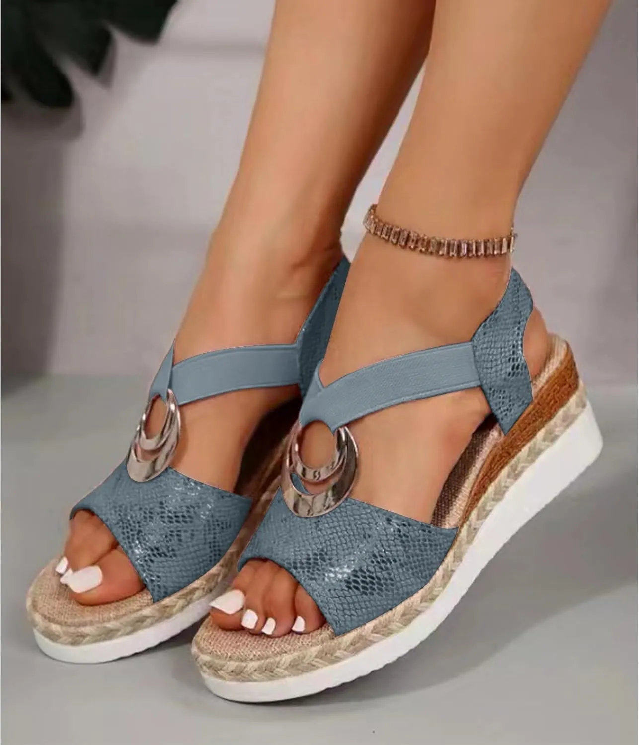 Thick Soled Rope Platform Roman Sandals Women's Casual Wedge Espadrilles Open Toe Ankle Strap Heels Dressy Summer Comfortable Slip on Orthopedic Espadrille Sandals Wedges Buckle Shoes