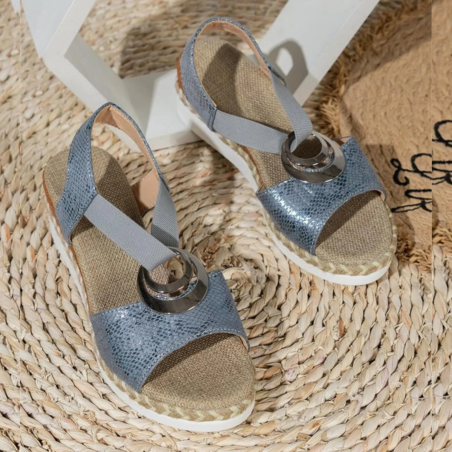 Thick Soled Rope Platform Roman Sandals Women's Casual Wedge Espadrilles Open Toe Ankle Strap Heels Dressy Summer Comfortable Slip on Orthopedic Espadrille Sandals Wedges Buckle Shoes