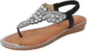 Thong Sandals for Women Beach Bohemian Flat Sandals T-Strap Summer Glitter Beaded Elastic Flip-Flop Dressy Shoes