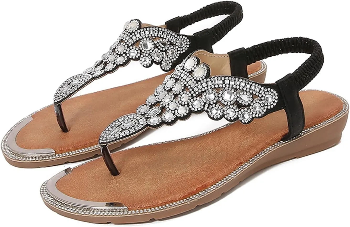 Thong Sandals for Women Beach Bohemian Flat Sandals T-Strap Summer Glitter Beaded Elastic Flip-Flop Dressy Shoes