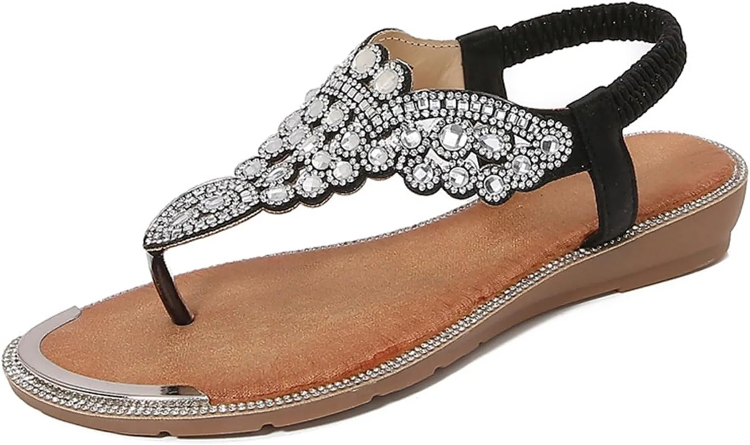 Thong Sandals for Women Beach Bohemian Flat Sandals T-Strap Summer Glitter Beaded Elastic Flip-Flop Dressy Shoes