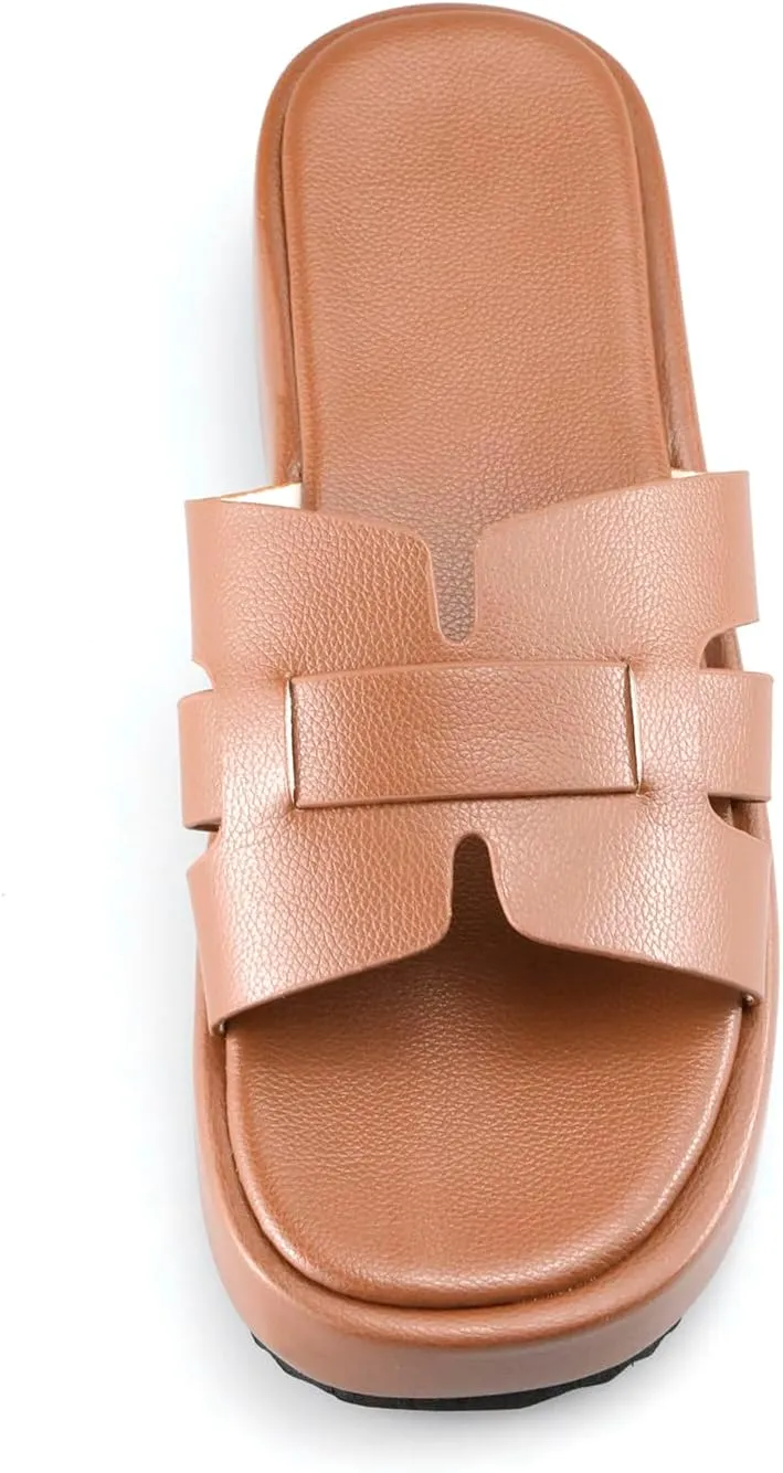 TOCONFFON Women's Flat Sandals Comfortable Platform Slides Sandals Casual Summer Beach Slip On Sandals with Soft PU Leather