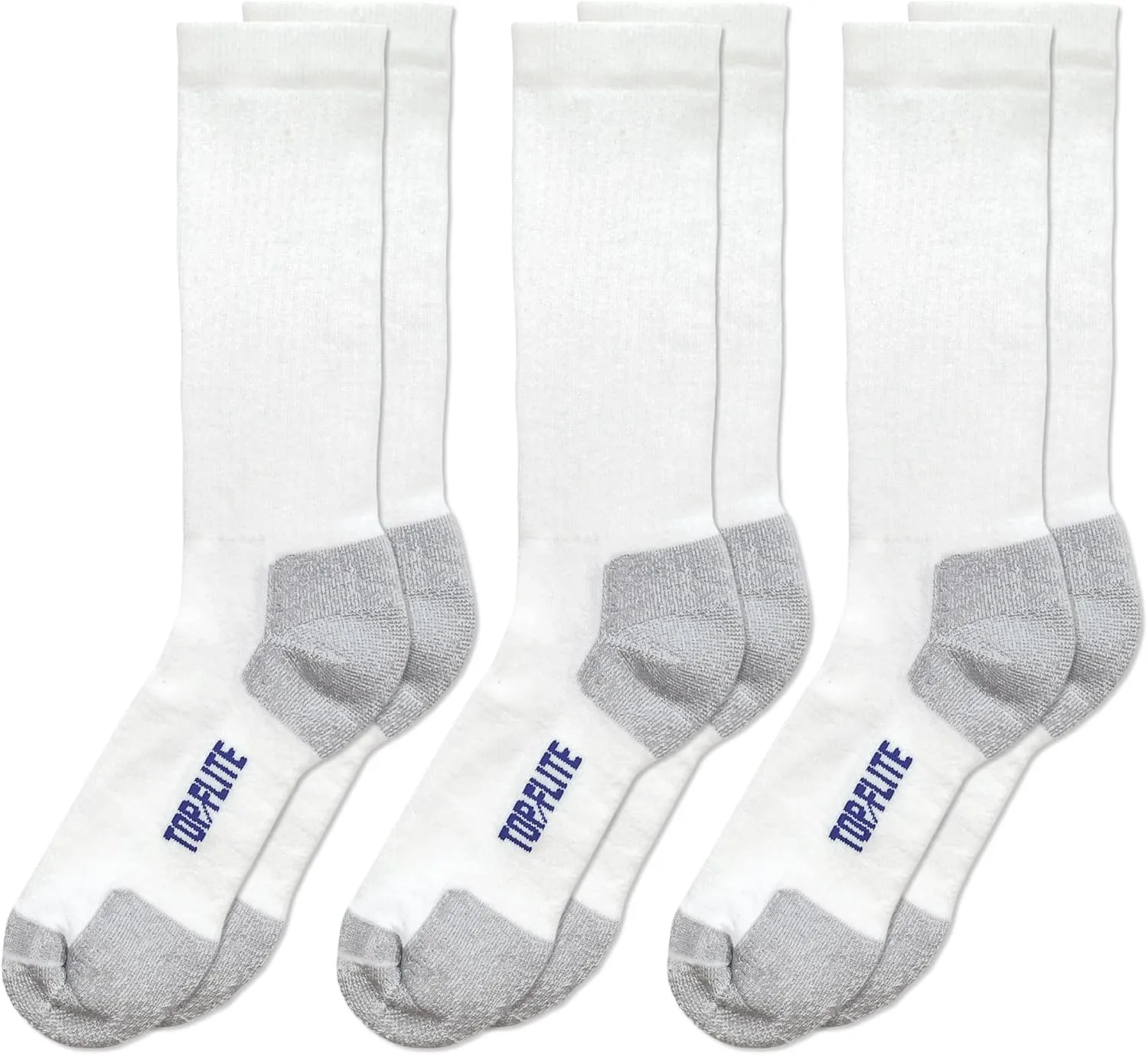 Top Flite Men's Coolmax Seamless Sport Ribbed Crew Socks 3 Pair Pack, White/Grey, Large