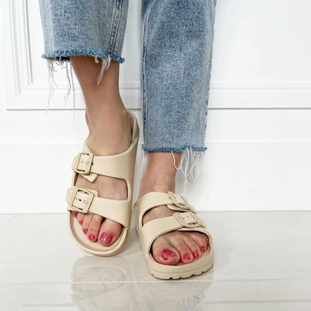 TRENDSUP Women's Comfort Slides Double Buckle Adjustable EVA Flat Sandals