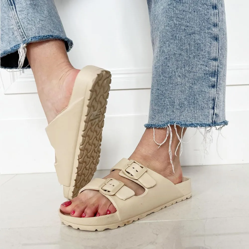 TRENDSUP Women's Comfort Slides Double Buckle Adjustable EVA Flat Sandals