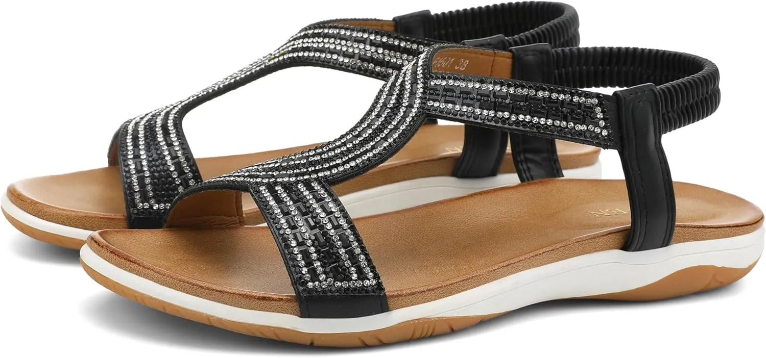 UBFEN Flat Sandals For Women Dressy Walking Comfortable Sandal With Rhinestone Braid Elastic Strap Summer Vacation