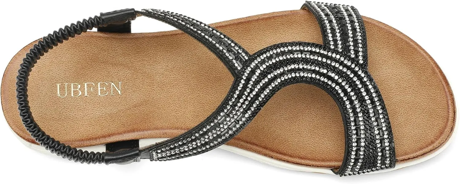 UBFEN Flat Sandals For Women Dressy Walking Comfortable Sandal With Rhinestone Braid Elastic Strap Summer Vacation