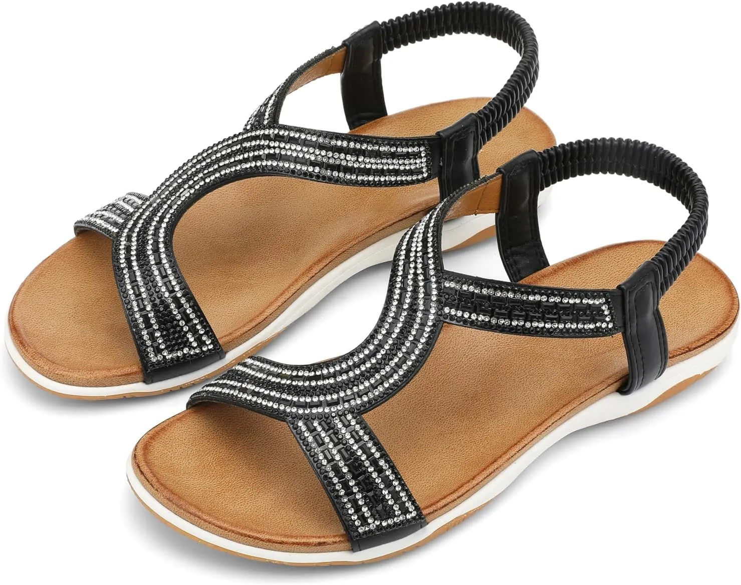 UBFEN Flat Sandals For Women Dressy Walking Comfortable Sandal With Rhinestone Braid Elastic Strap Summer Vacation