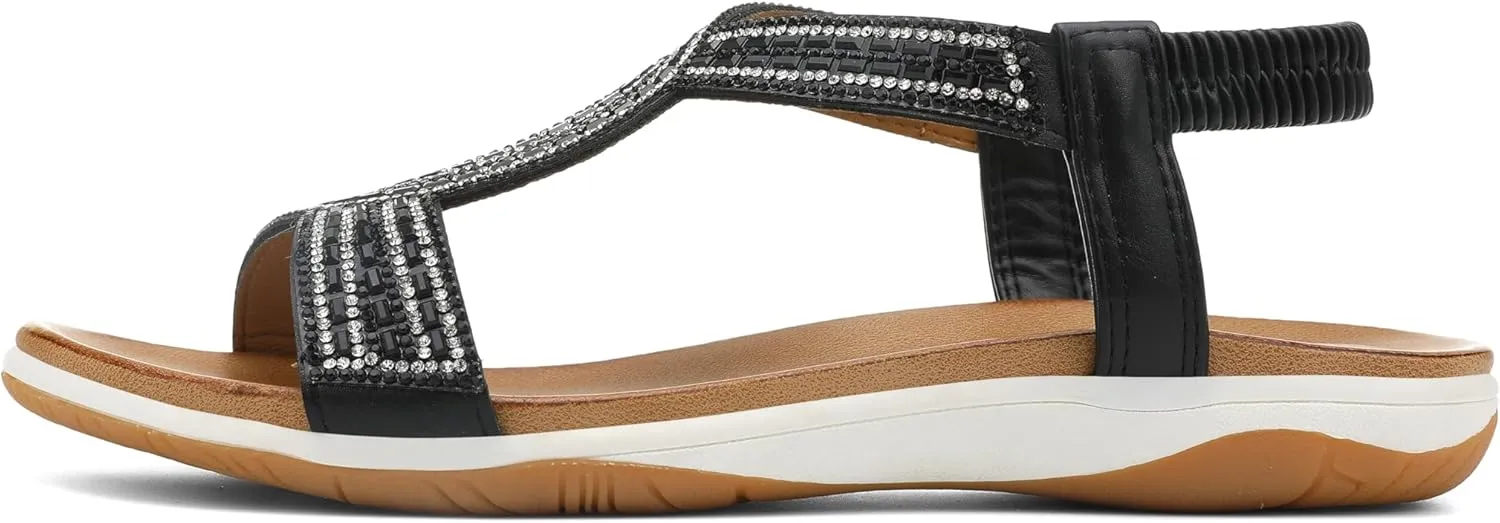 UBFEN Flat Sandals For Women Dressy Walking Comfortable Sandal With Rhinestone Braid Elastic Strap Summer Vacation