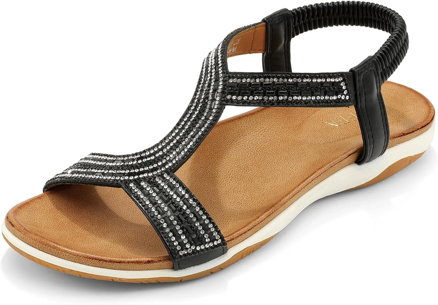 UBFEN Flat Sandals For Women Dressy Walking Comfortable Sandal With Rhinestone Braid Elastic Strap Summer Vacation