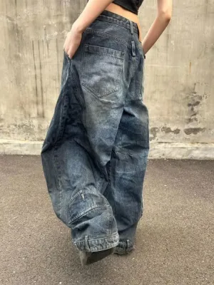 Unisex Fashion High Waist Straight Baggy Jeans for Women Vintage Gothic Leg Drawstring Y2K Scrawl Denim Pants