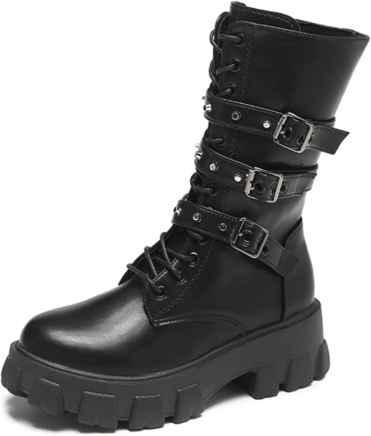 UOQAPRE Women's High Heel Combat Boots Square Toe Lace Up Ankle Booties Fashion Wedge Chunky Platform Boots Zipper Bootie Shoes