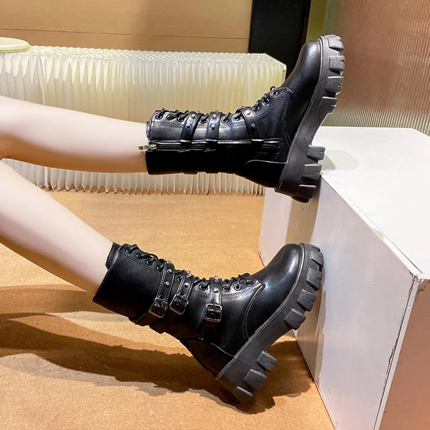 UOQAPRE Women's High Heel Combat Boots Square Toe Lace Up Ankle Booties Fashion Wedge Chunky Platform Boots Zipper Bootie Shoes