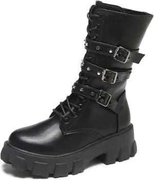 UOQAPRE Women's High Heel Combat Boots Square Toe Lace Up Ankle Booties Fashion Wedge Chunky Platform Boots Zipper Bootie Shoes