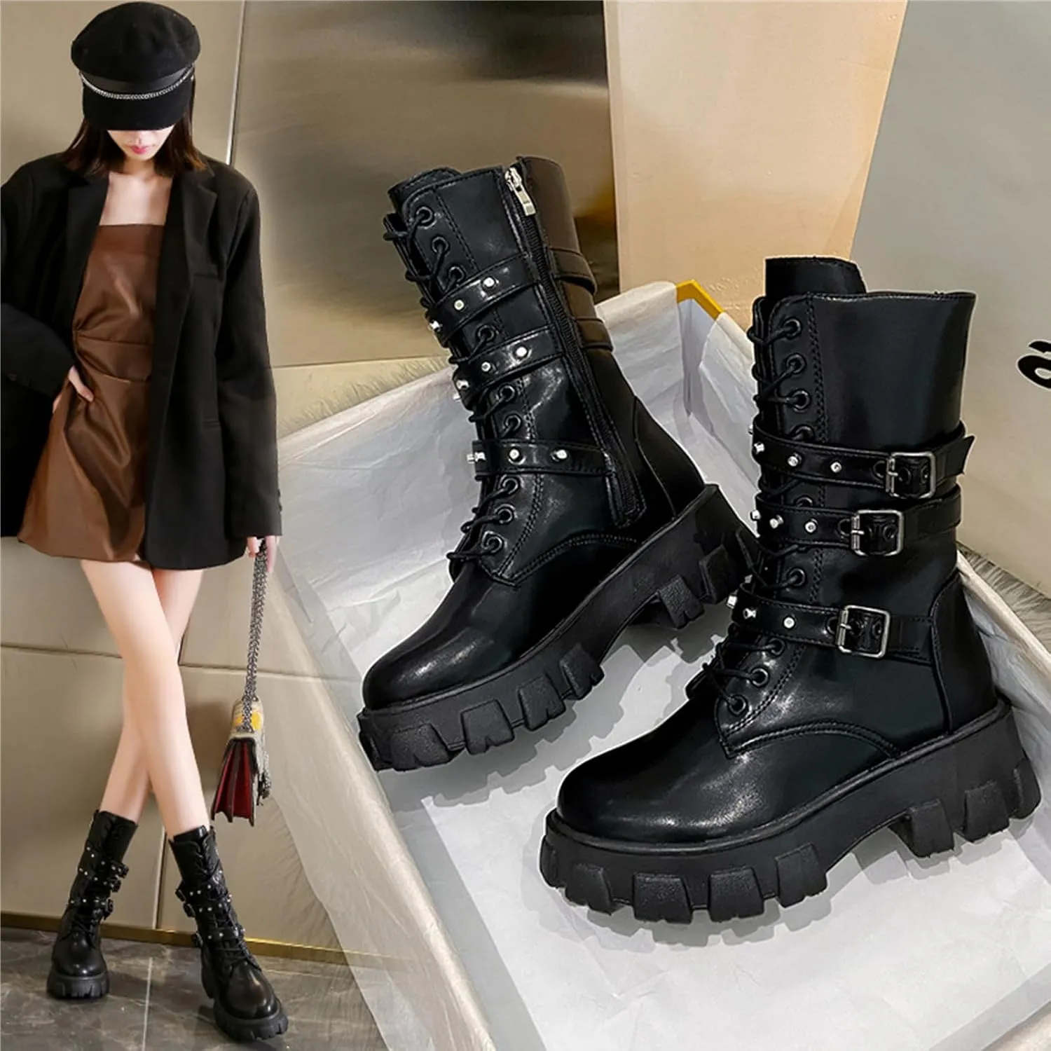 UOQAPRE Women's High Heel Combat Boots Square Toe Lace Up Ankle Booties Fashion Wedge Chunky Platform Boots Zipper Bootie Shoes