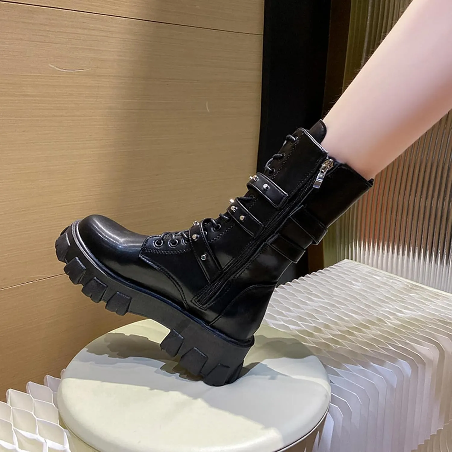 UOQAPRE Women's High Heel Combat Boots Square Toe Lace Up Ankle Booties Fashion Wedge Chunky Platform Boots Zipper Bootie Shoes