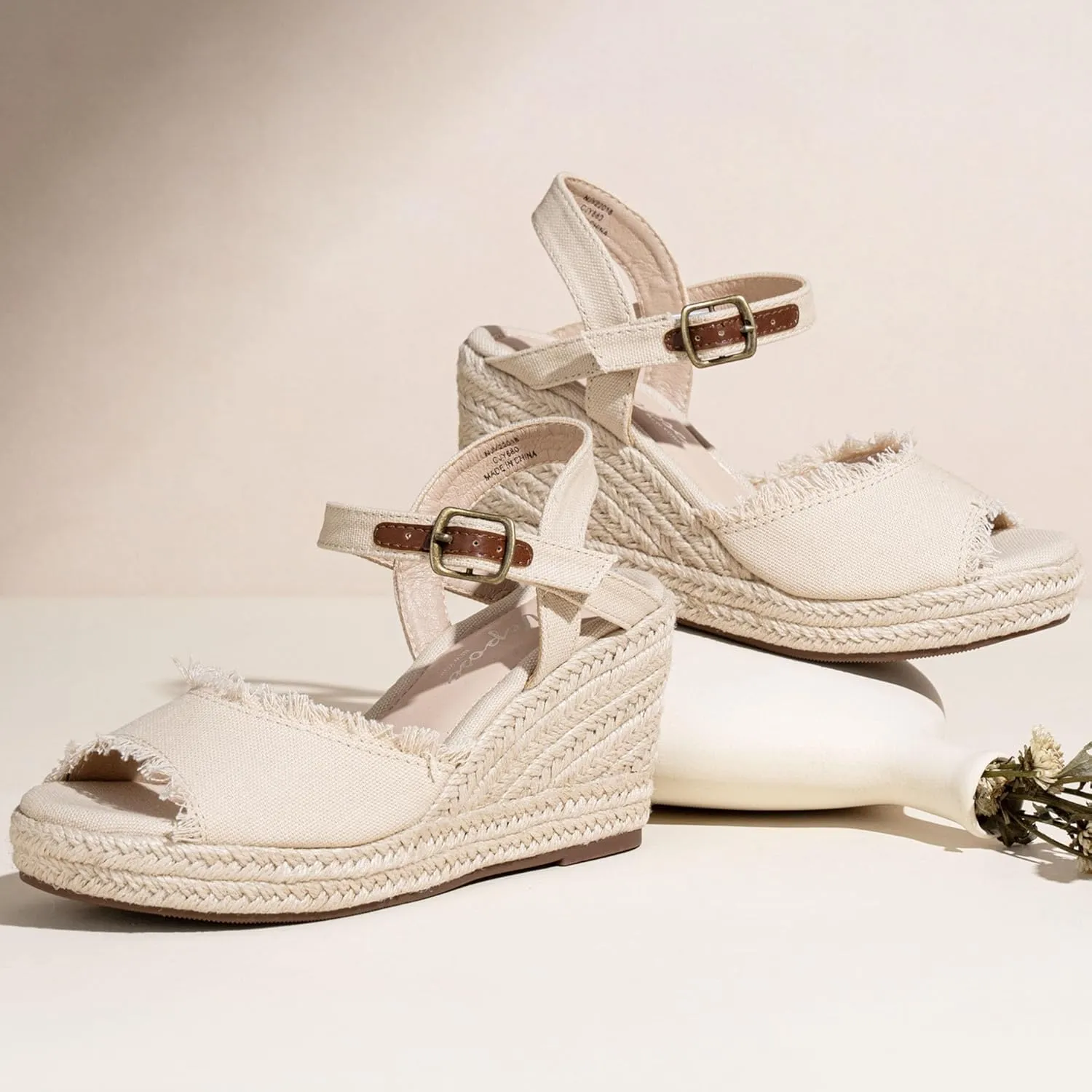 Vepose Women's 880 Wedge Sandals Peep Toe, 3.3" Inch High Heel Platform Espadrilles Sandals with Ankle Buckle