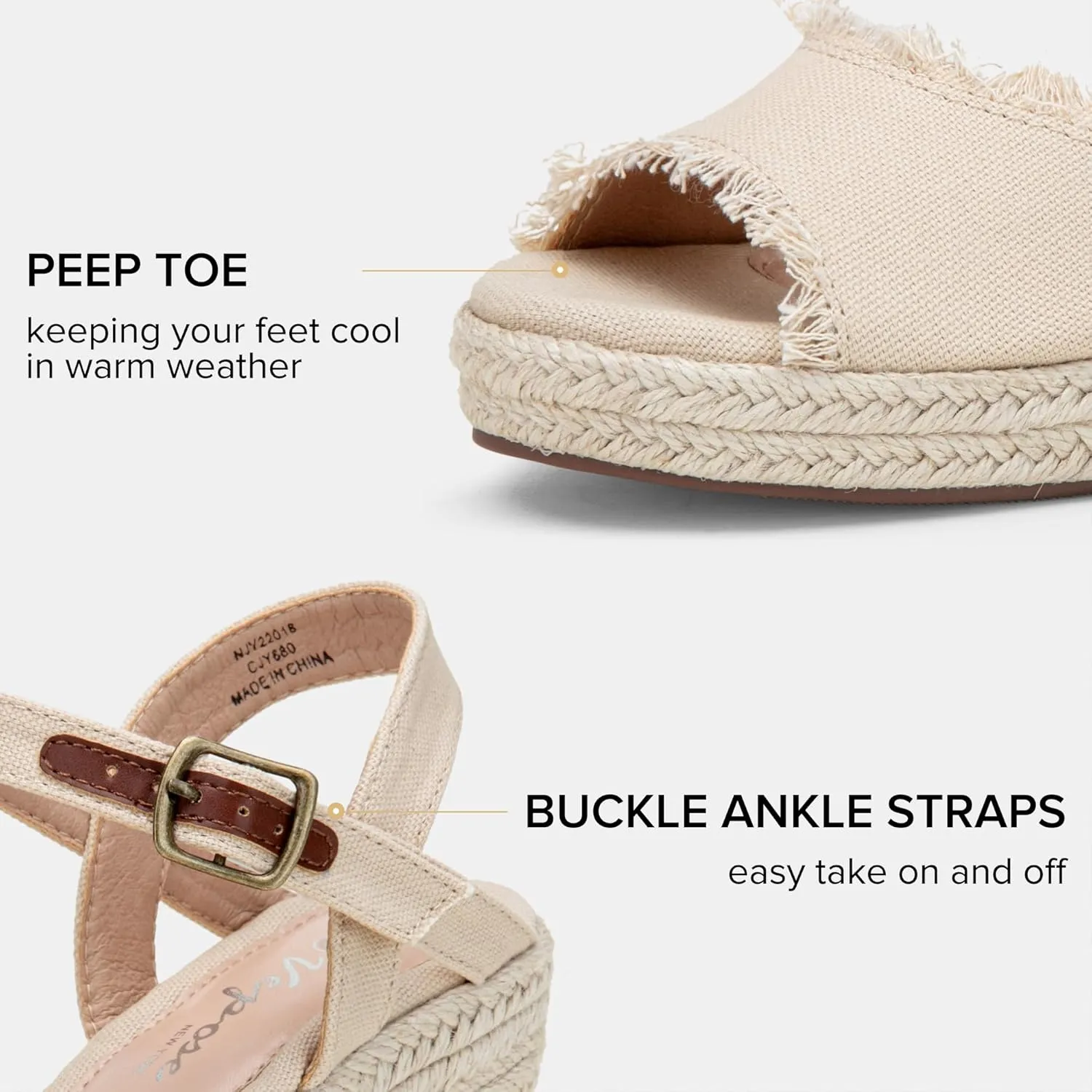 Vepose Women's 880 Wedge Sandals Peep Toe, 3.3" Inch High Heel Platform Espadrilles Sandals with Ankle Buckle