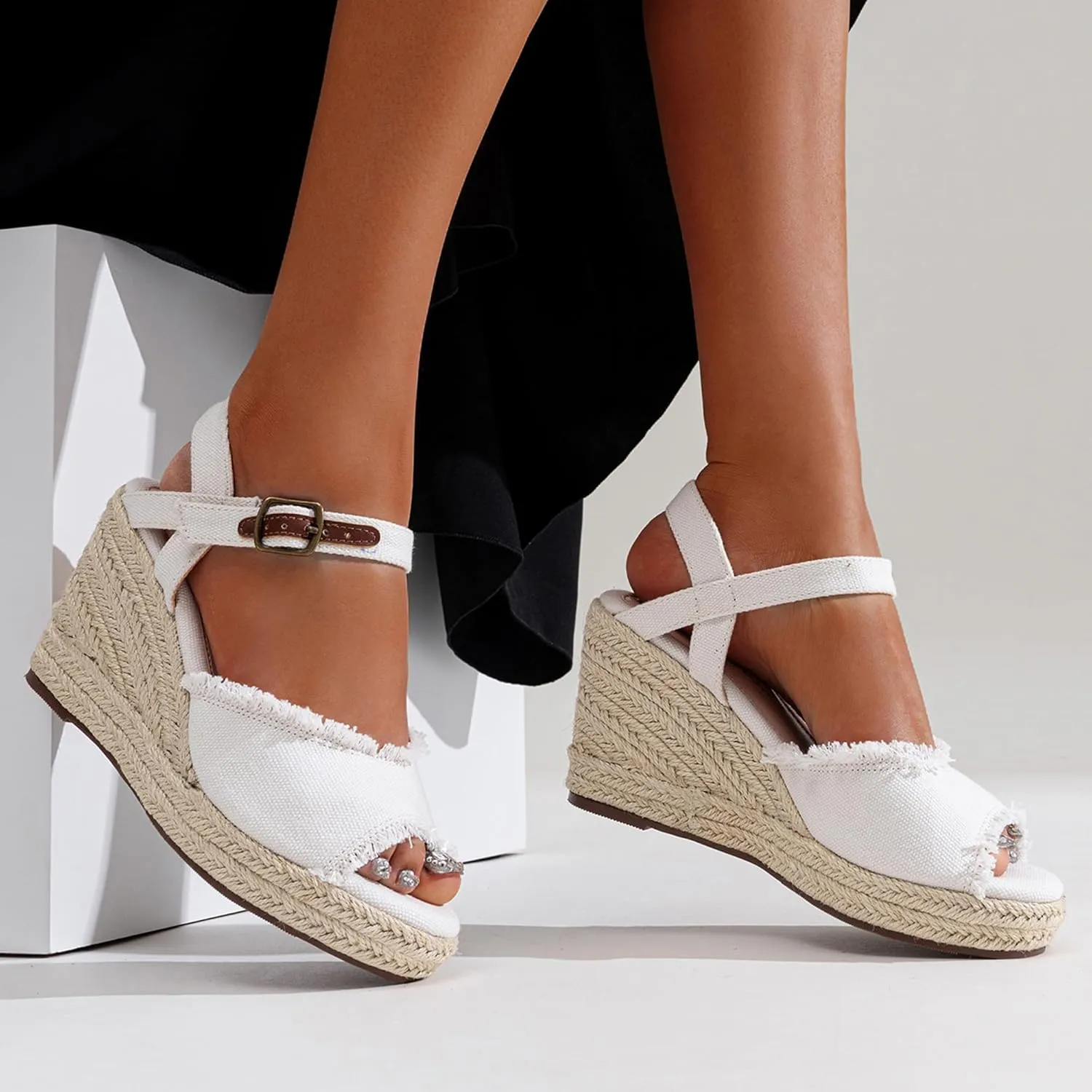 Vepose Women's 880 Wedge Sandals Peep Toe, 3.3" Inch High Heel Platform Espadrilles Sandals with Ankle Buckle