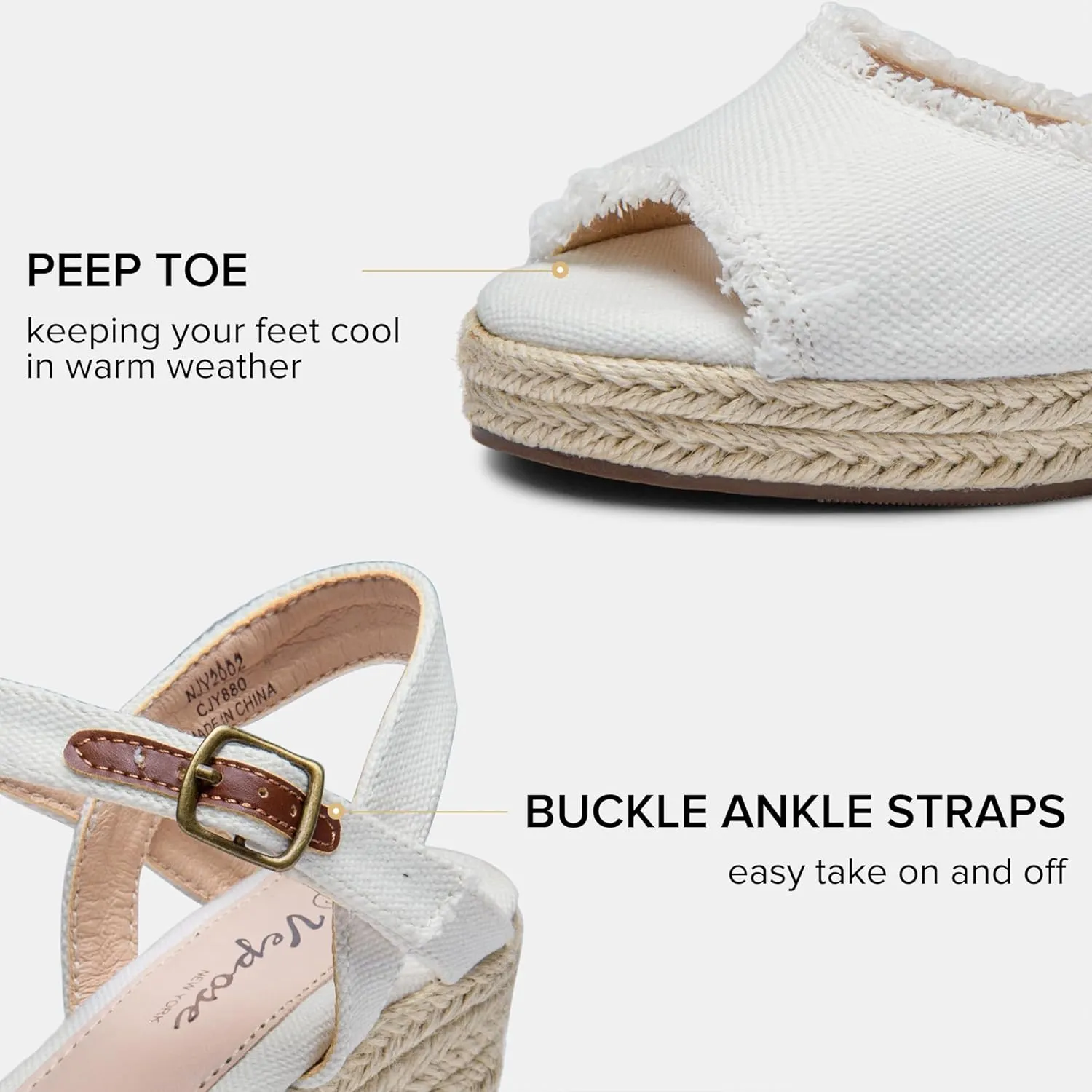 Vepose Women's 880 Wedge Sandals Peep Toe, 3.3" Inch High Heel Platform Espadrilles Sandals with Ankle Buckle