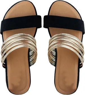 Verdusa Women's Metallic Strappy Flat Sandals Summer Slide Sandals Casual Shoes