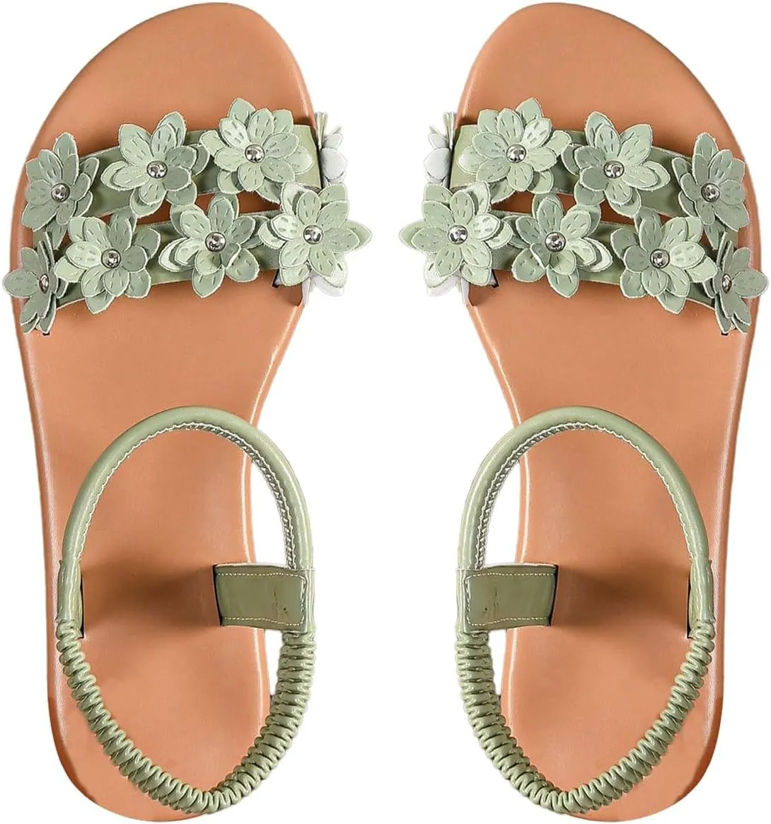 Verdusa Women's Summer Sandals Flower Leather Flat Sandals with Ankle Strap