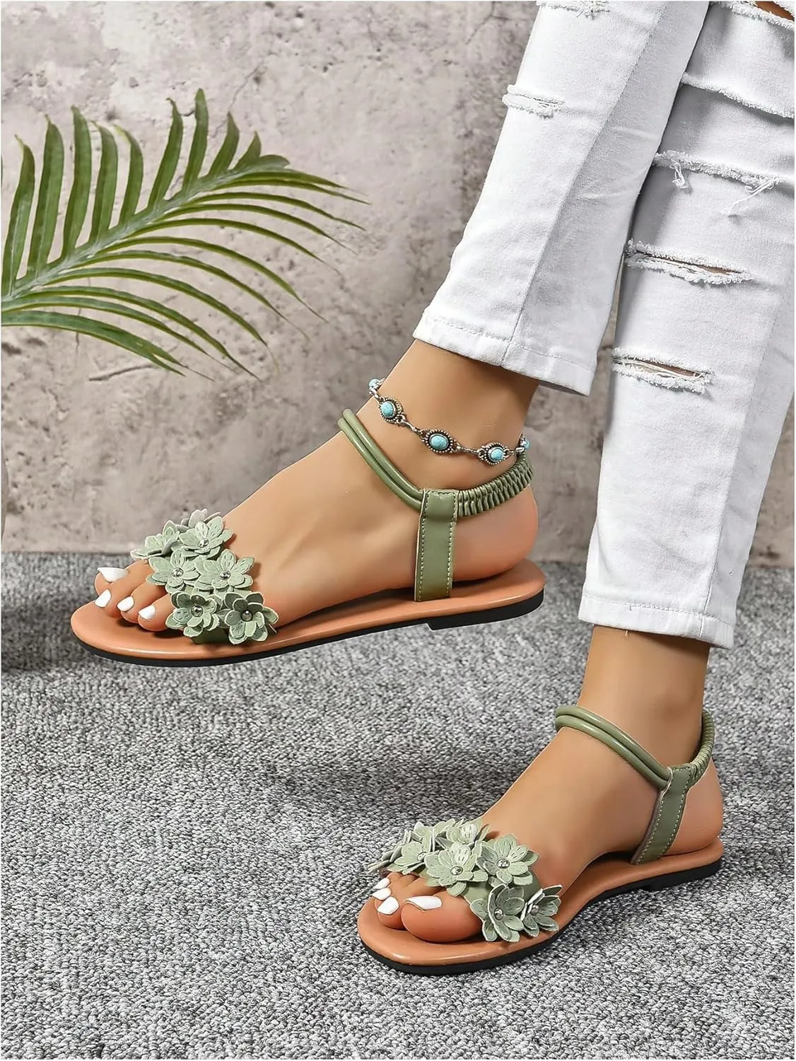 Verdusa Women's Summer Sandals Flower Leather Flat Sandals with Ankle Strap