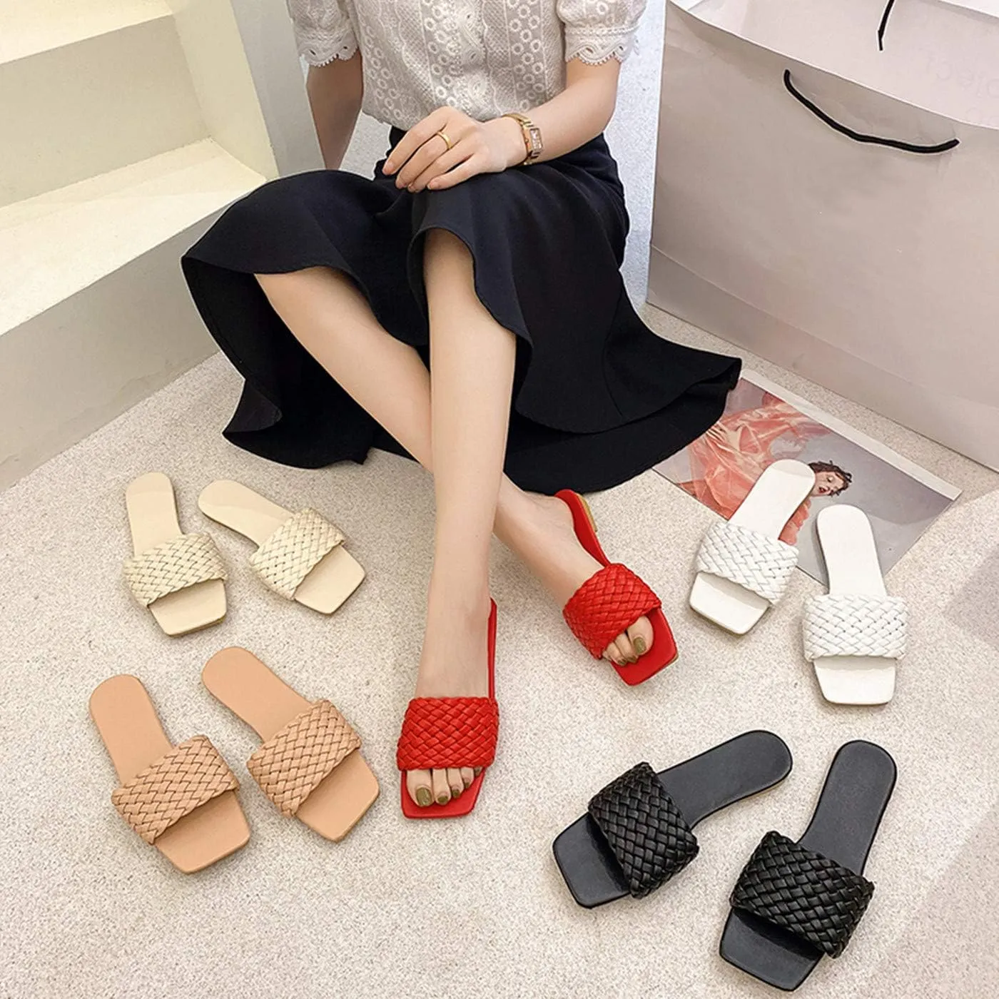 Vertundy Slides For Women Sandals Braided Strap Open Square Toe Flat Slippers Slip On Single Casual Shoes Summer