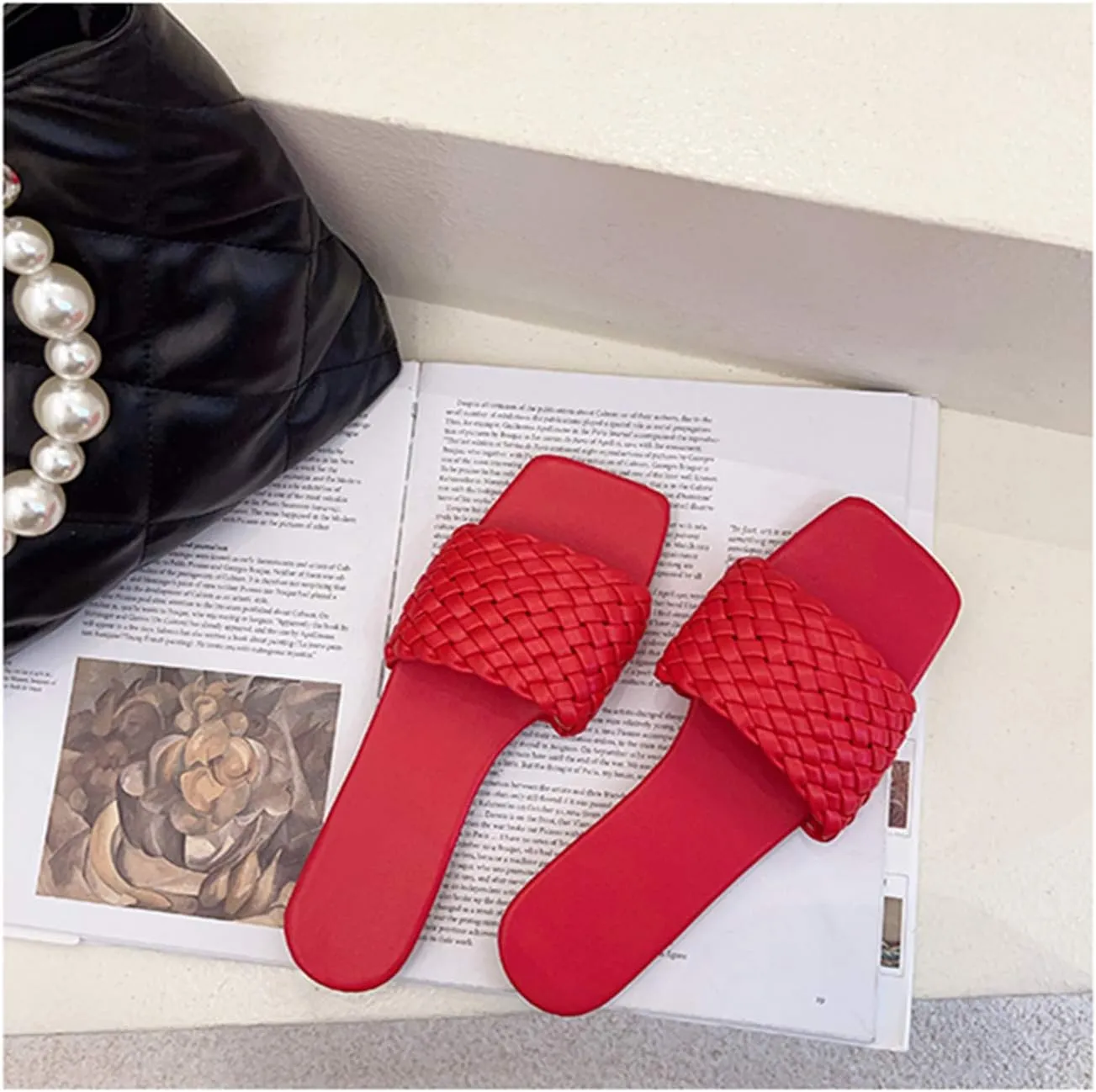 Vertundy Slides For Women Sandals Braided Strap Open Square Toe Flat Slippers Slip On Single Casual Shoes Summer